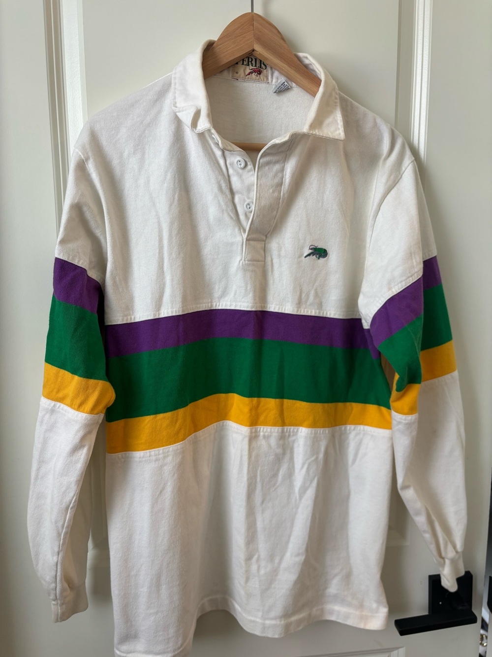 Perlis Polo Shirt Mens XL Mardi Gras Striped Long Sleeve Knit Crawfish Medium